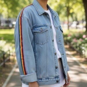 Boohoo Pride Rainbow Stripe Light Wash Denim Jacket - Crafted With Love